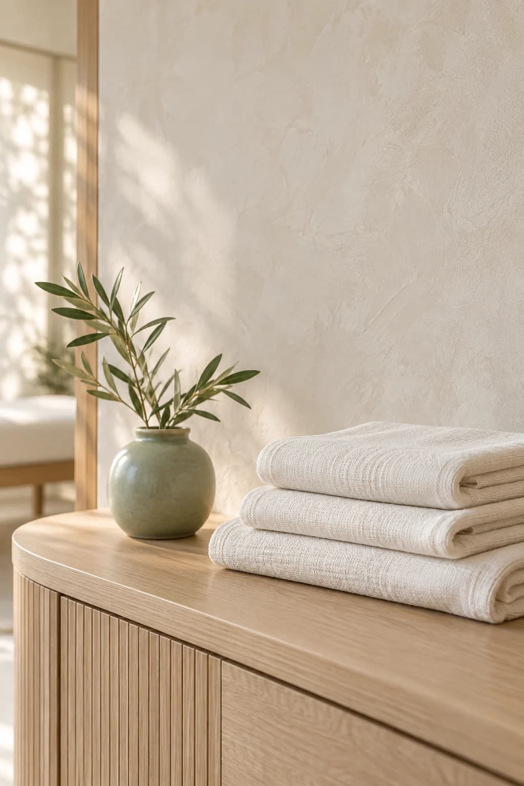 Illustrative detail of softly folded ivory linens, natural timber and a ceramic vessel