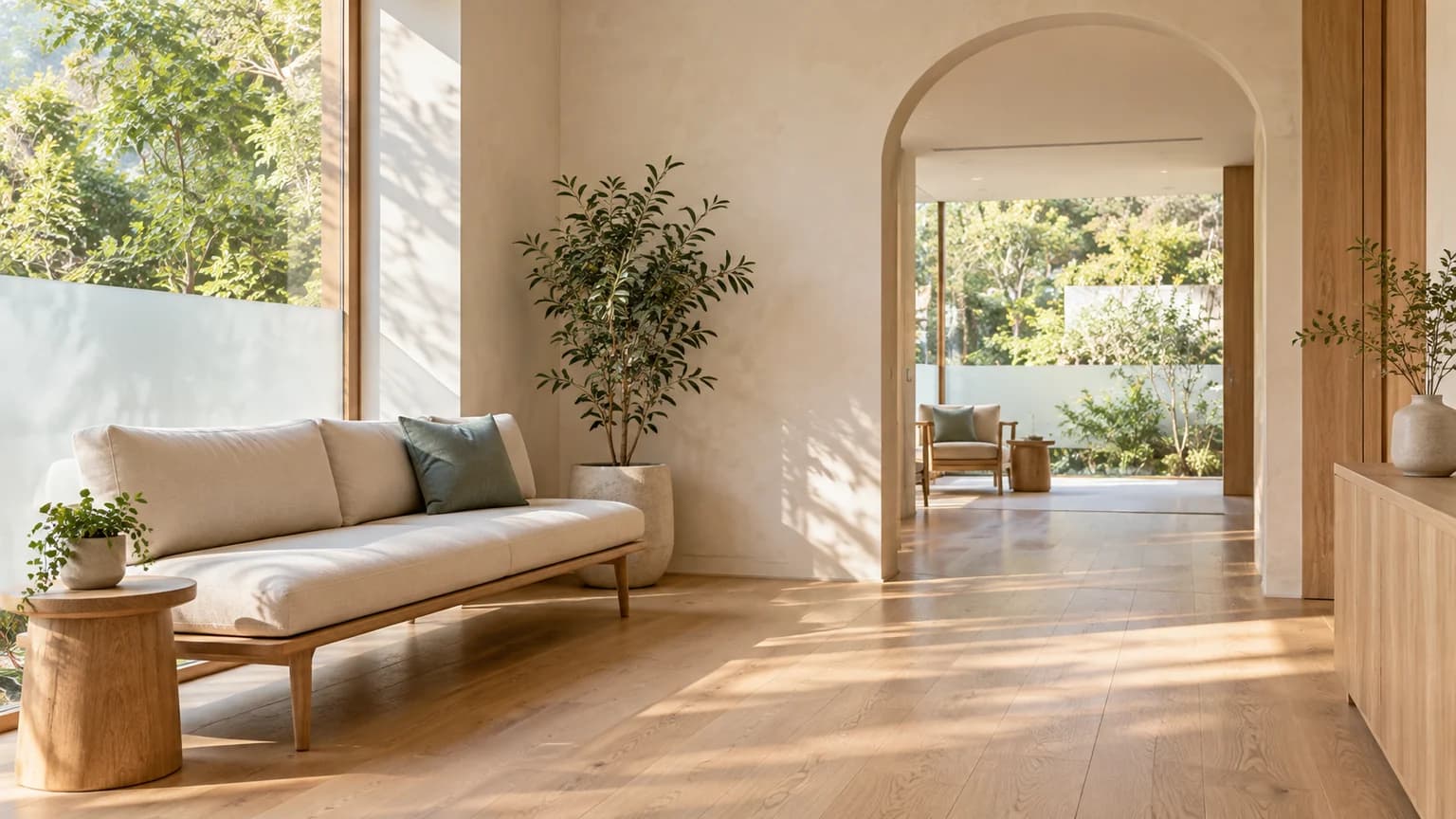 Illustrative peaceful wellness reception with daylight, comfortable seating and natural materials