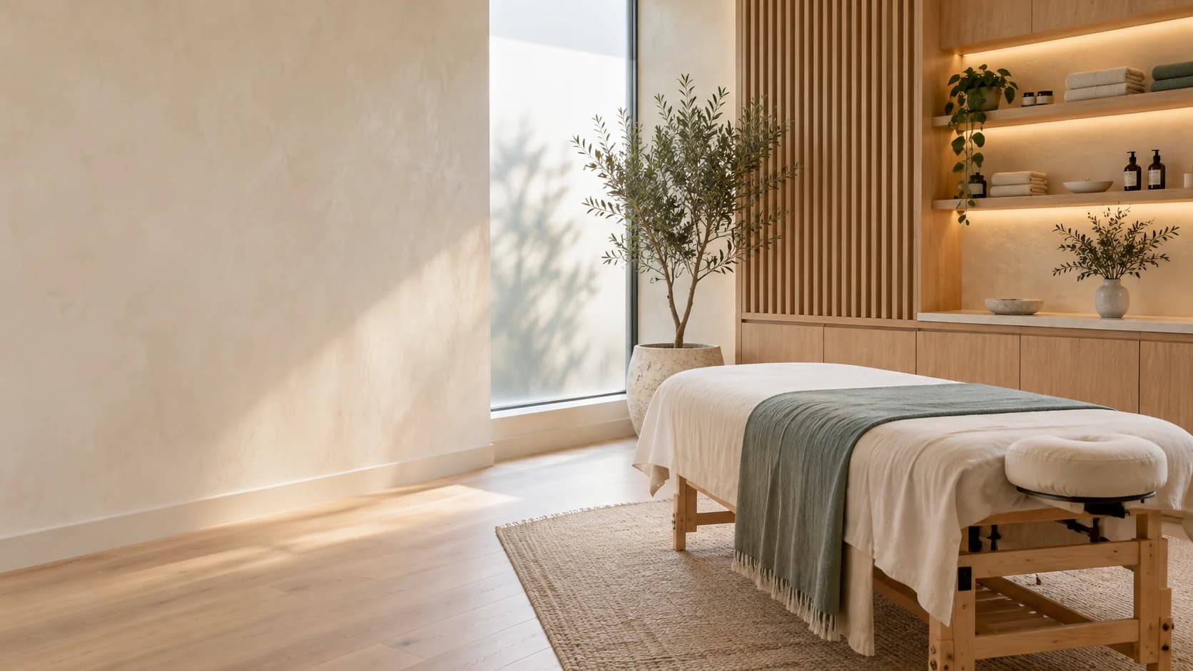 Illustrative serene massage treatment room with natural light, warm timber and fresh linen
