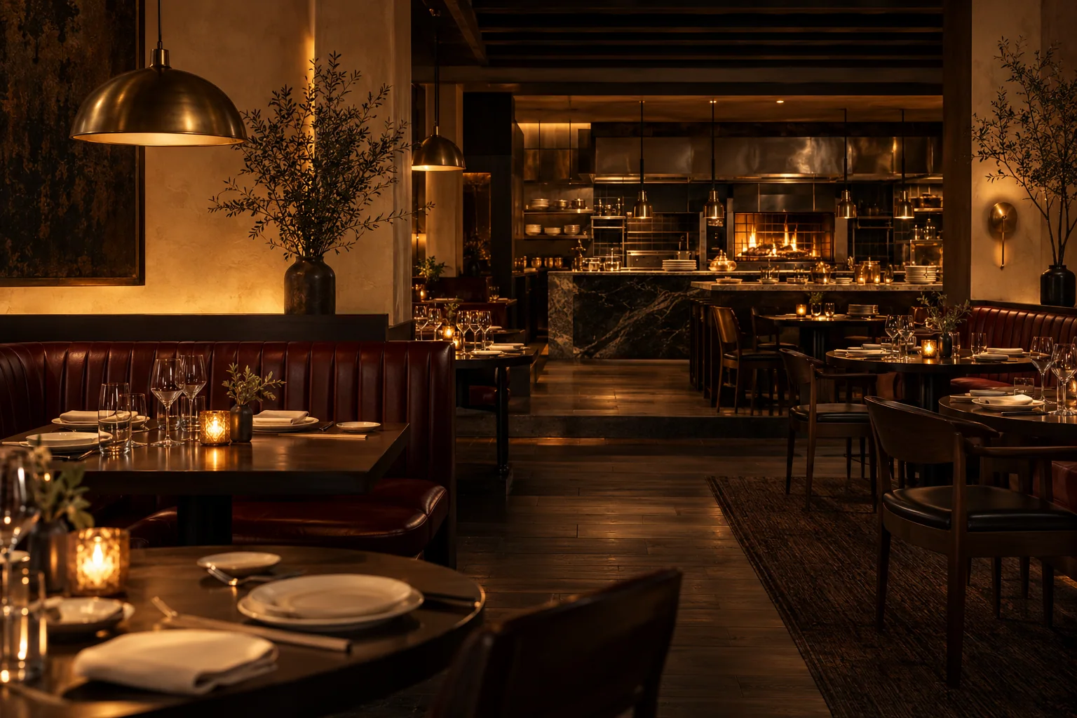 An intimate contemporary dining room with warm pendant lights, dark timber, candlelit tables, and a welcoming evening atmosphere.