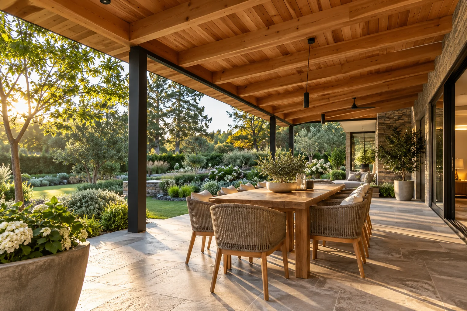 Warm timber craftsmanship in a covered outdoor living space