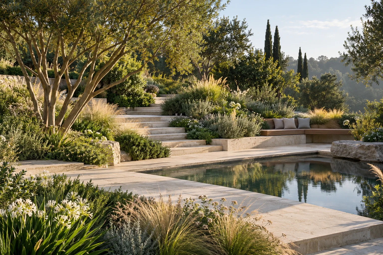 A layered garden with planting beds and a stone terrace