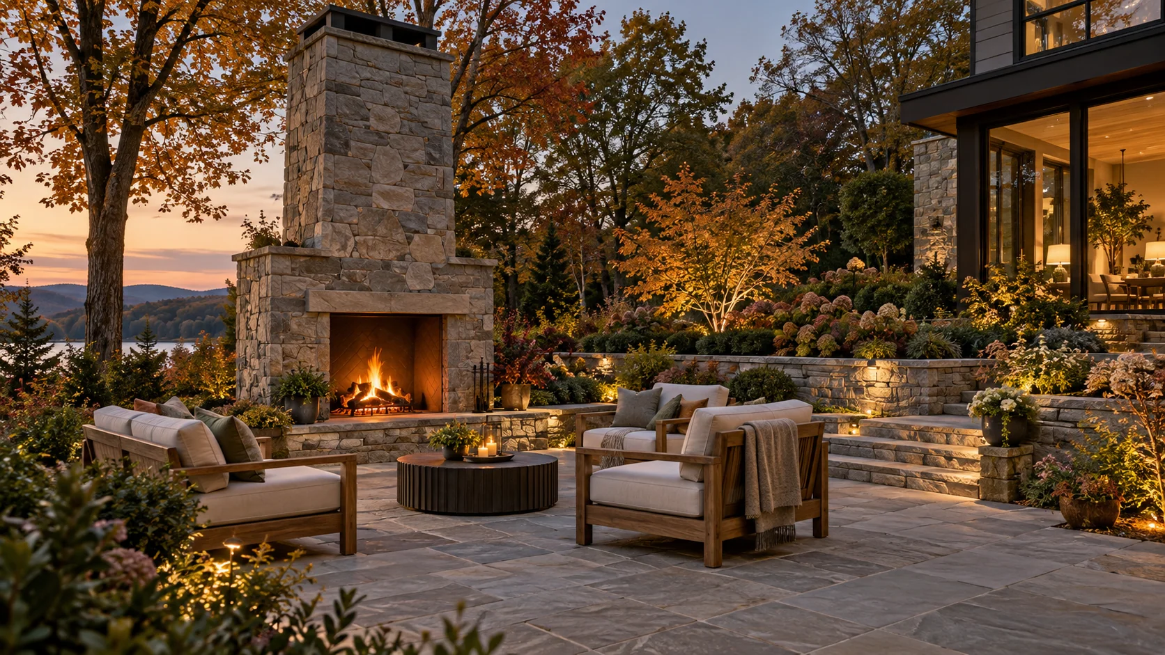 A landscaped outdoor terrace with a stone fireplace, comfortable seating, and carefully framed planting