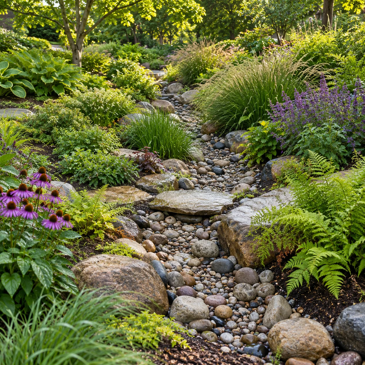 A planted stone channel integrated into a landscaped garden
