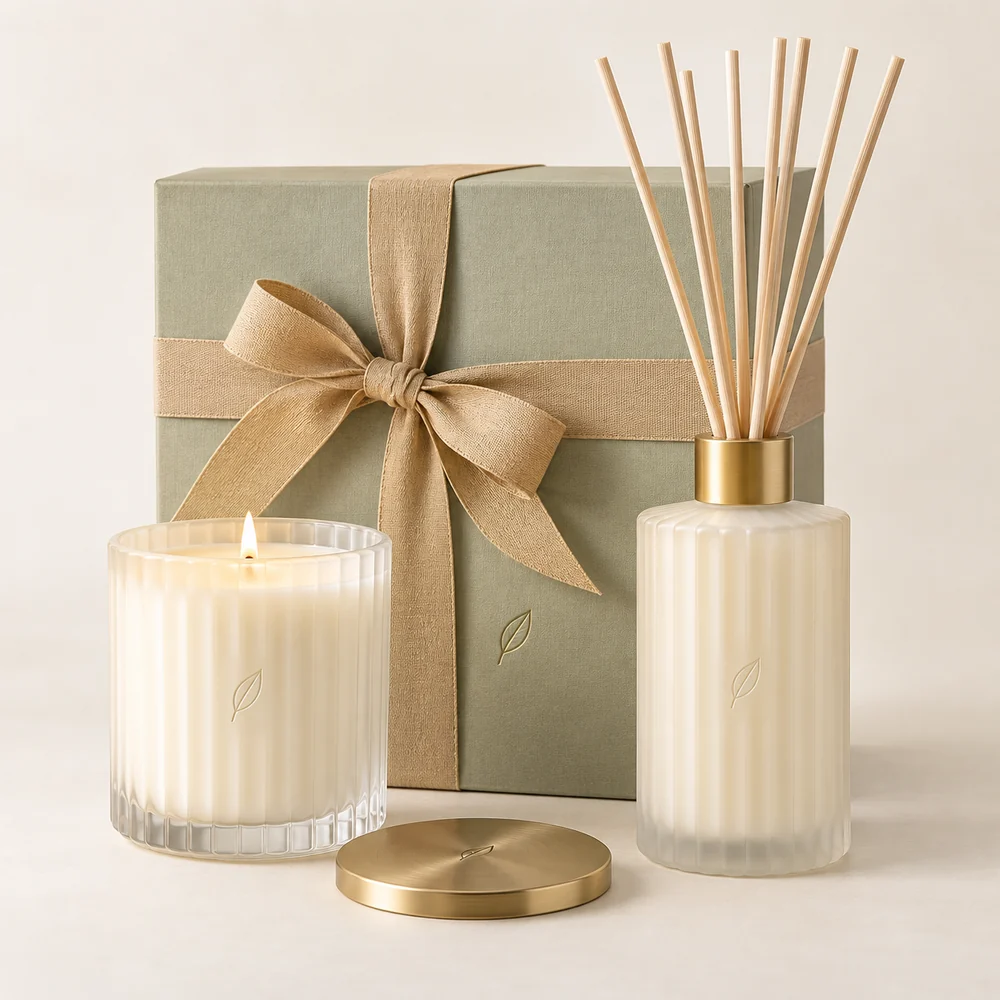 Evergreen Ritual Gift Set in its botanical packaging on a warm ivory background.