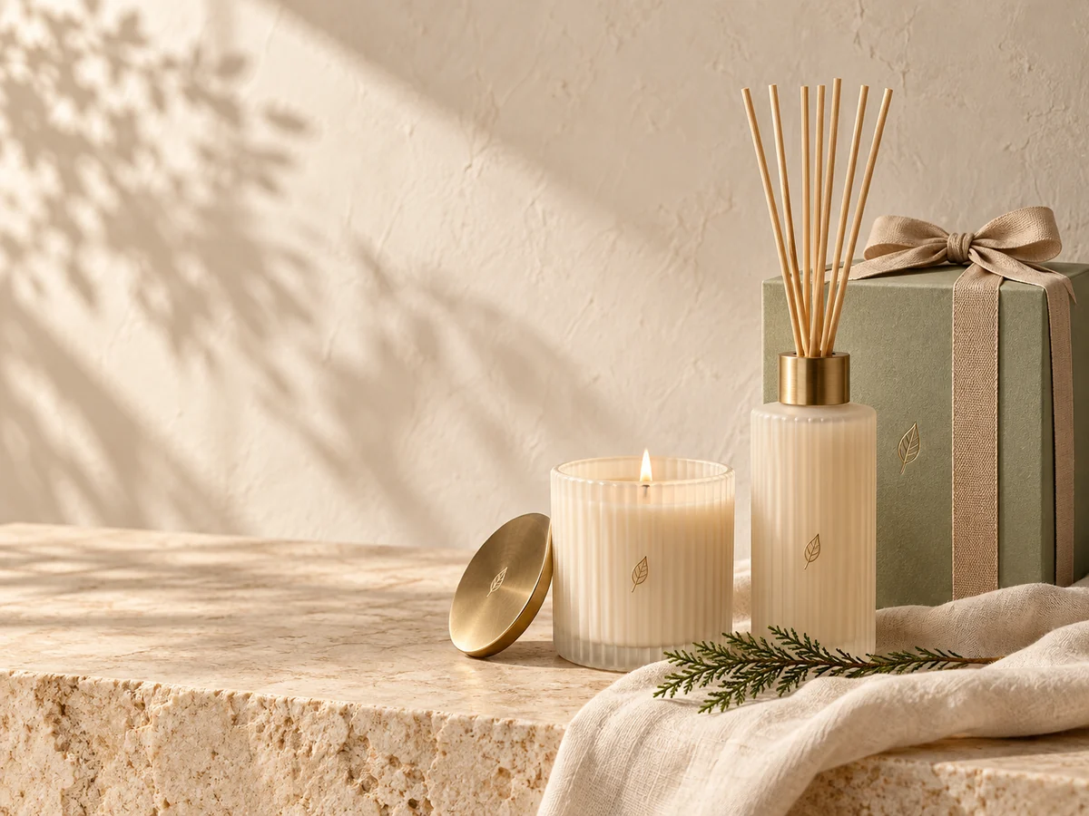 Botanical candles and an evergreen fragrance gift set on a beautifully arranged table.