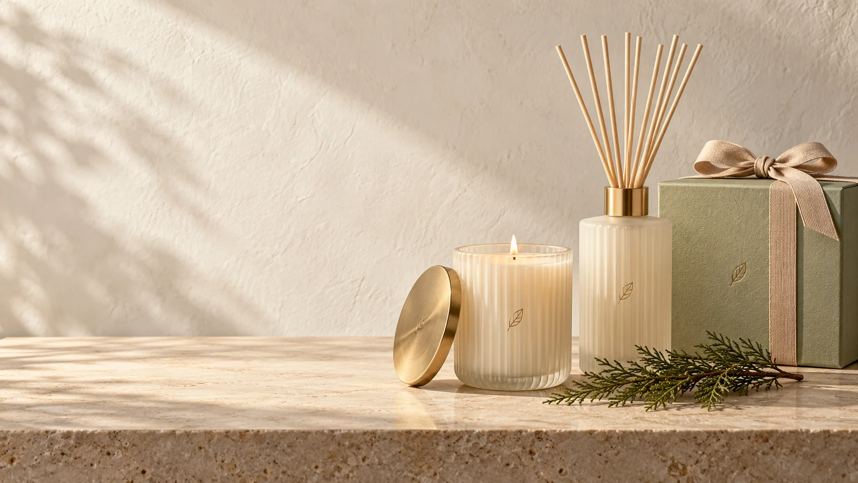 A collection of botanical evergreen candles, reed diffusers, and gift boxes arranged in soft natural light.
